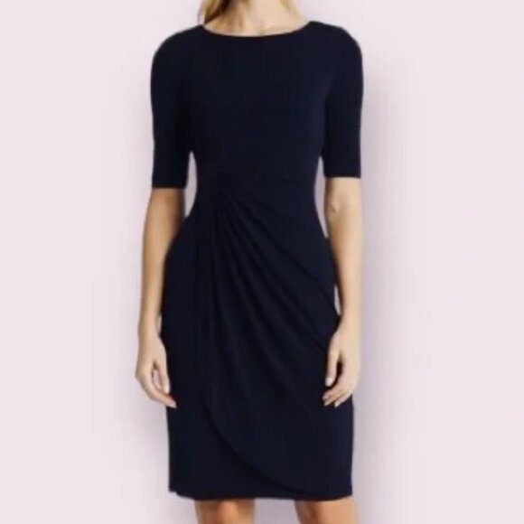 Connected Apparel Navy Blue Gathered Faux Wrap Dress Size‎ 10 - Picture 3 of 11